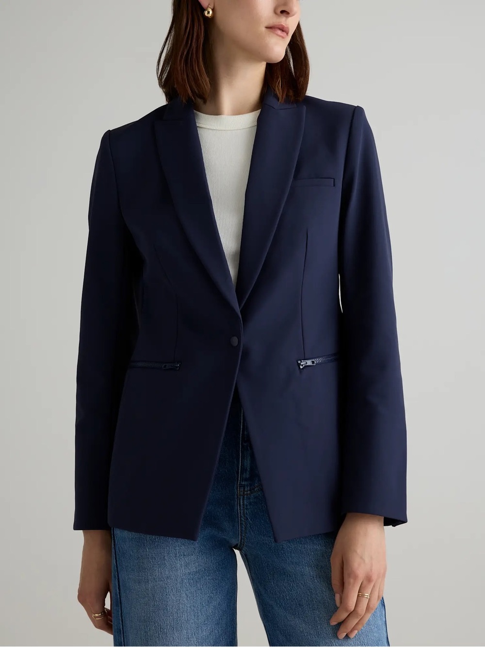 Quince NWT Scuba Single Breasted Convertible Blazer Deep Navy Blue Jacket